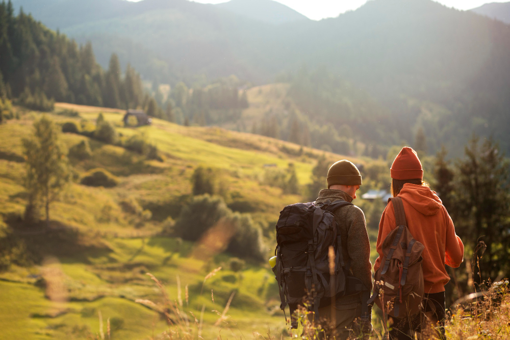 Campers enjoying a hike with beautiful scenery