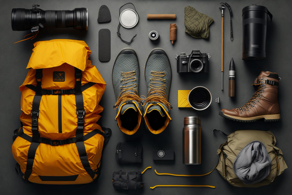 Overhead view of essential camping gear neatly arranged on a wooden surface