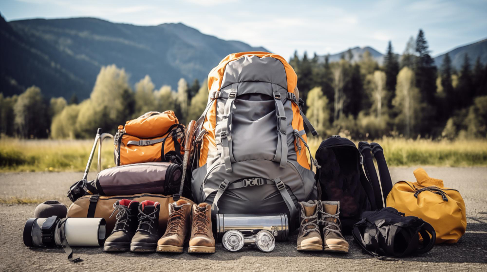Camping gear laid out on a wooden surface with a scenic mountain backdrop