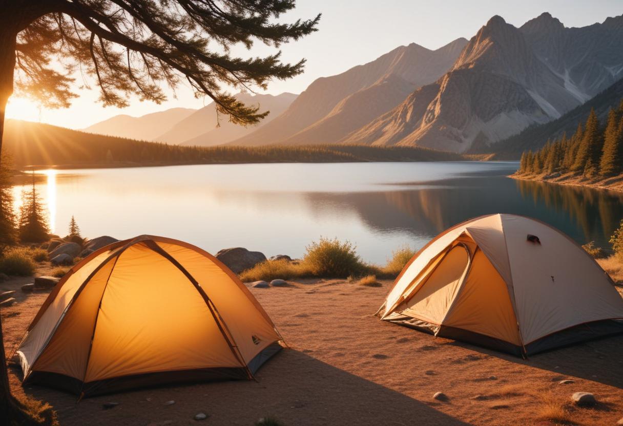 Scenic campsite with a tent overlooking a beautiful lake and mountains