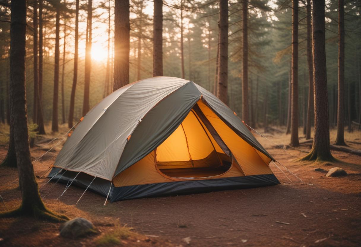 A cozy 3-season tent set up in a scenic forest campsite at sunset